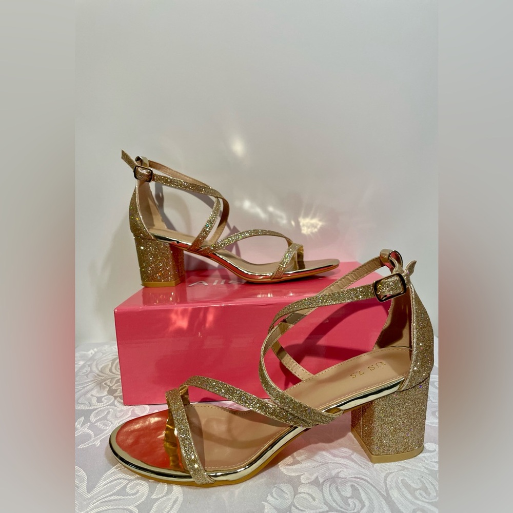 Allegra K 7.5 Glittery Gold Strappy Heels GUC - Picture 5 of 6